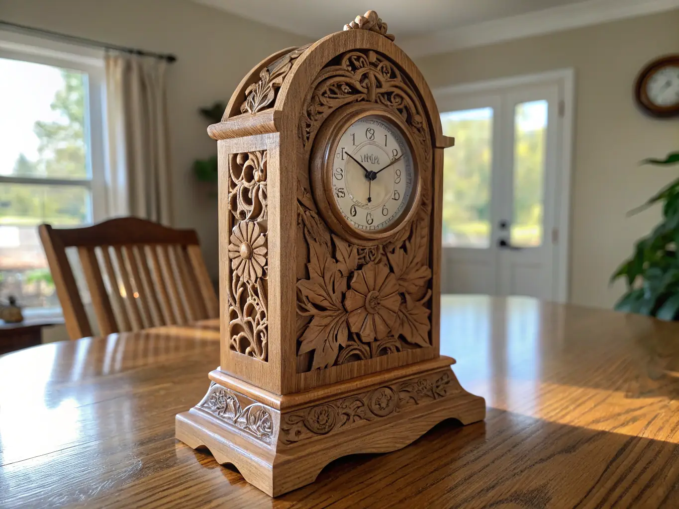 A vintage-inspired grandfather clock with intricate wood carvings and a brass pendulum, set against a backdrop of a cozy, traditional living room with warm lighting.