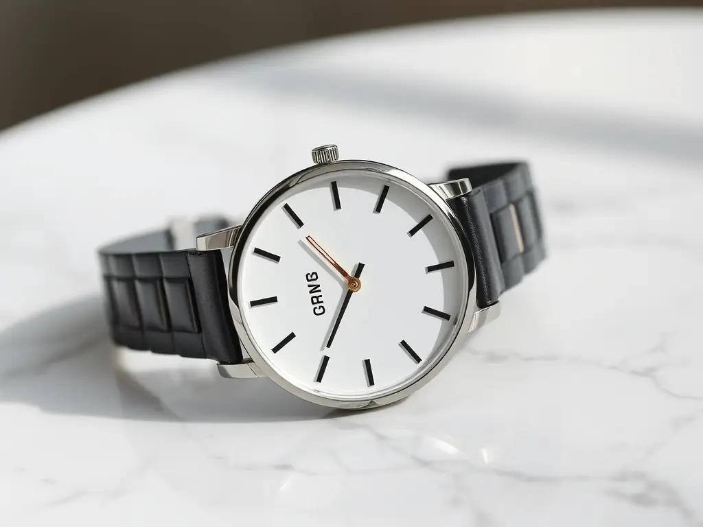 A close-up shot of a modern, minimalist watch with a titanium band and a sapphire crystal face, displayed on a textured concrete surface to highlight its durability and sleek design.