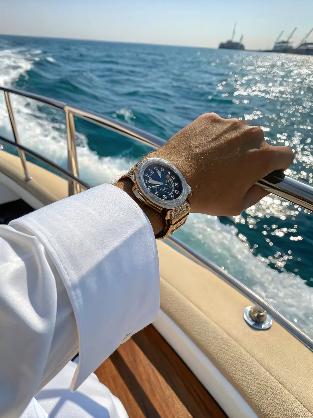 A lifestyle shot of a person wearing an Atlantic Time Masters watch while sailing on a yacht, emphasizing the watch's durability and suitability for coastal activities.